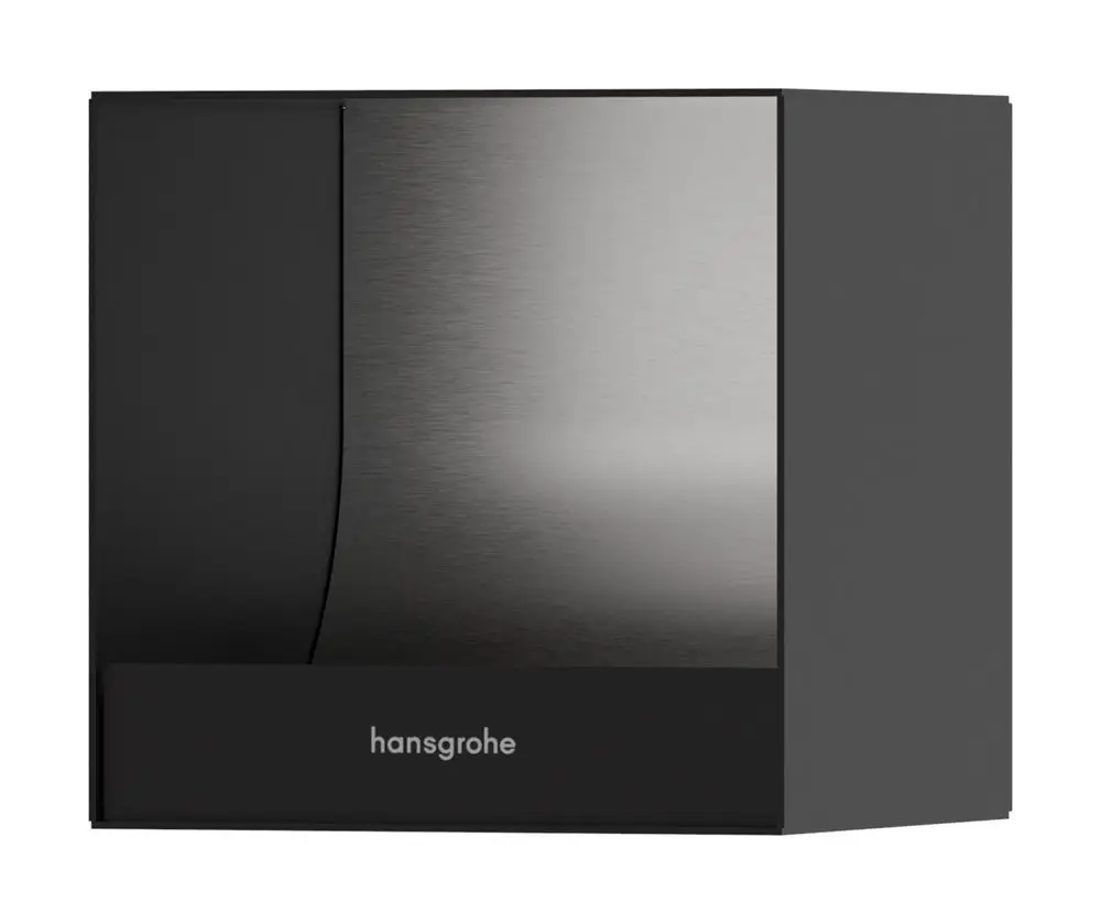 Toilettenpapierhalter in mattschwarzem Finish von Hansgrohe. Rechteckige Form mit einer geschwungenen Frontseite und einer unteren Ablage für Toilettenpapier.
